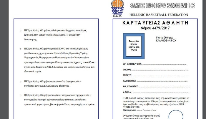 Απαγόρευση συμμετοχής καλαθοσφαιριστών χωρίς Κάρτα Υγείας